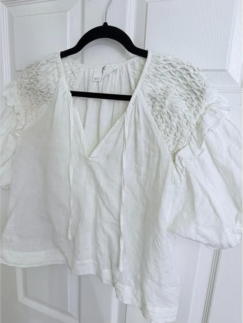 Anthropologie Self Contrast Smocked Linen Blouse-White-XL